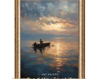 ヴィンテージ漁船の夕日の油絵プリント、海岸のウォールアート（デジタルダウンロード）