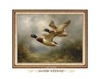 Impresión artística de pintura al óleo vintage de patos voladores: decoración rústica de pared con fauna silvestre (descarga digital)