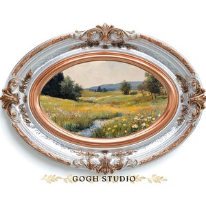 Vintage olieverfschilderij lenteweide, rustiek landschap (digitale print) afbeelding 9