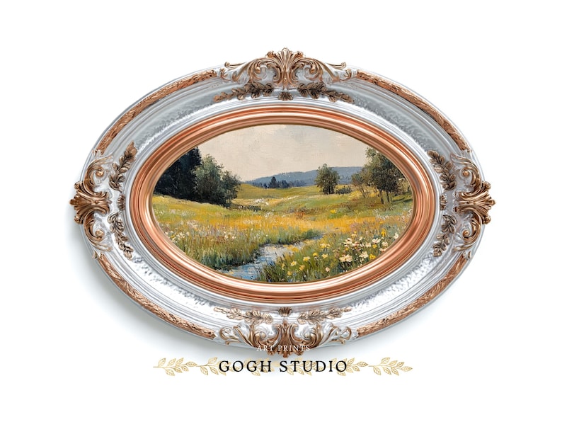 Vintage olieverfschilderij lenteweide, rustiek landschap (digitale print) afbeelding 9