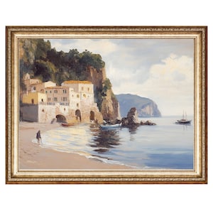 Mediterranean Coastal Village Print Oil Painting, Cottage Core Art VINTAGE Painting, Printable Wall Art, DIGITAL PRINTS