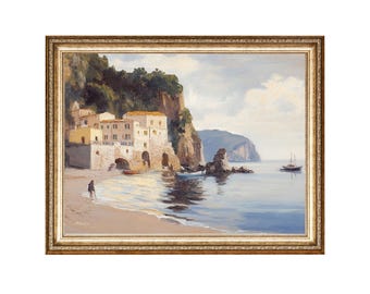 Impresión de pintura al óleo de un pueblo mediterráneo vintage, arte de una cabaña costera (impresiones digitales)