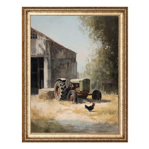 Rustic Barn with Tractor and Rooster Scene VINTAGE Oil Painting, Cottagecore Wall Art, Printable Wall Art, Digital Prints