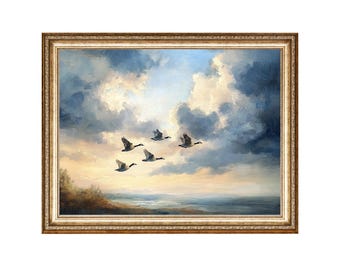 Flying Geese Landscape Painting, Vintage Cottagecore Art (Digital Print)