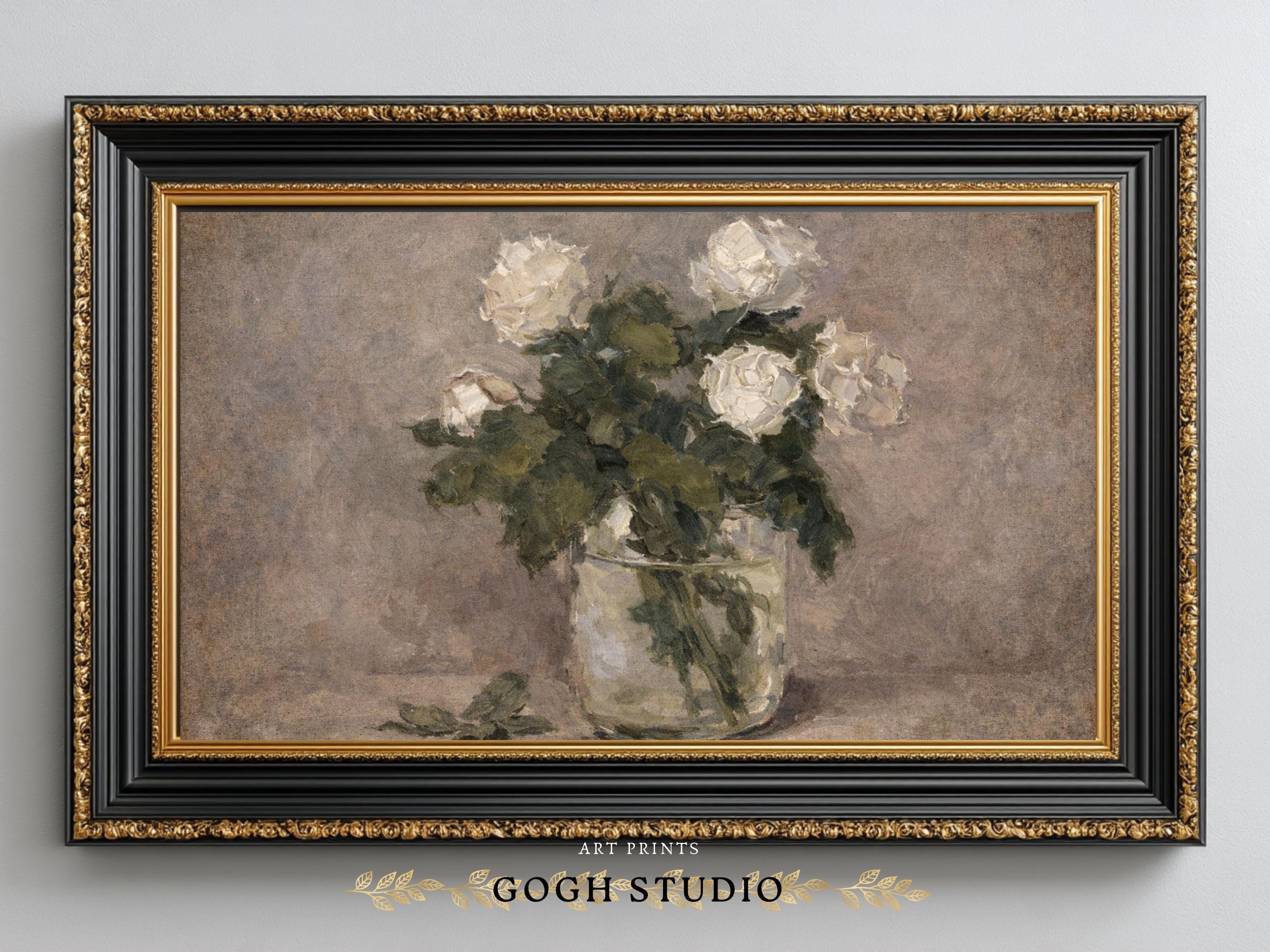 ヴィンテージホワイトローズ油絵、コテージコアアート（デジタル