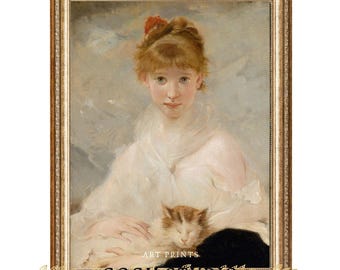 Vintage Girl with Cat Print: Victorian Cottagecore Portrait (Digital Download)