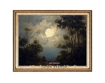 Impressão artística de pintura a óleo vintage ao luar: Paisagem noturna mística (Download digital)