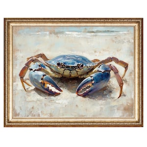May include: A blue crab with orange claws is painted on a canvas with a white background. The crab is in a gold frame.