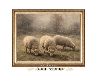 Printable Sheep Landscape Oil Painting Rustic Farmhouse Wall Art (Digital Download)