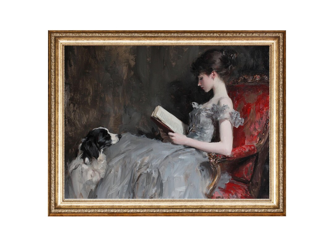 Vintage Woman and Dog Art Print, Victorian Oil Painting (downloadable ...