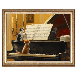 絵画。壁掛け原画【可愛い猫たちとロマンチックのピアノ曲】