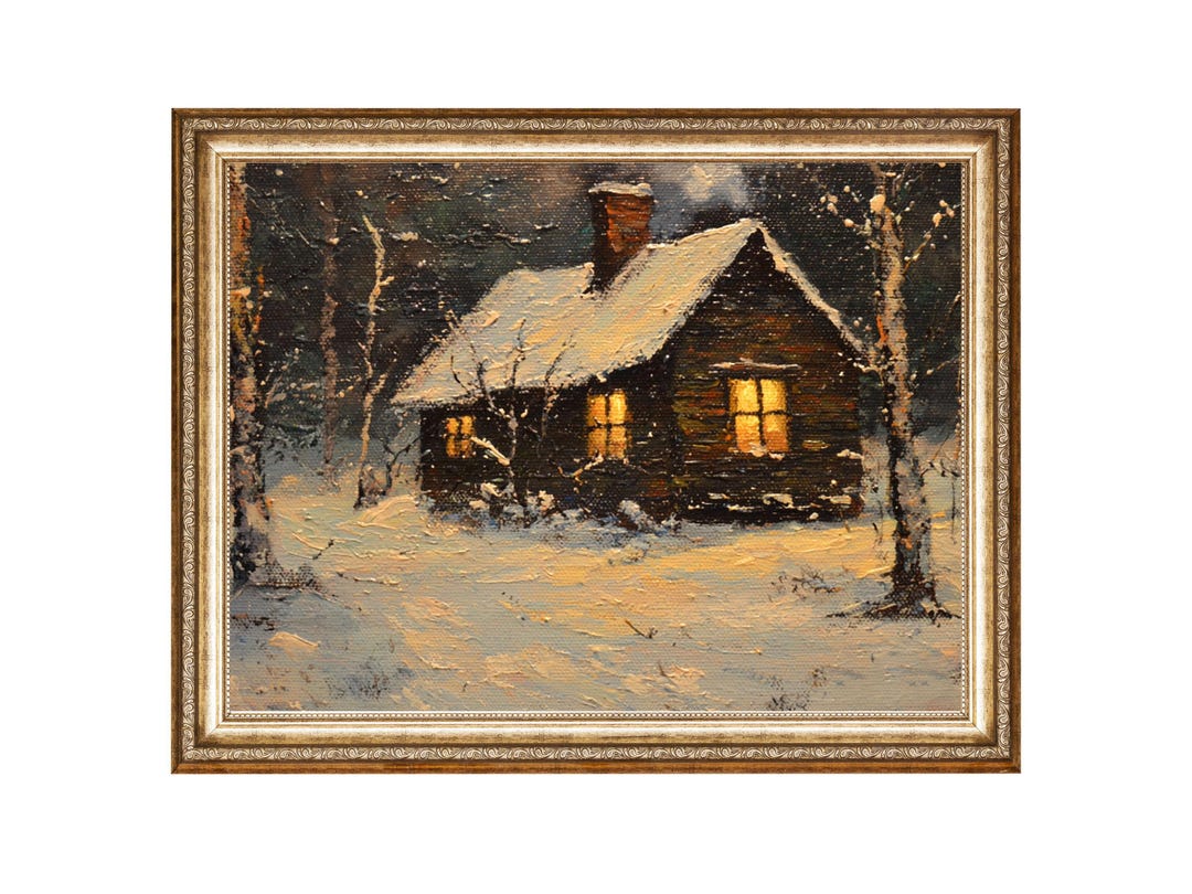 Snowy Rustic Cabin Winter Wall Art, Holiday Woodland Print Oil Painting ...