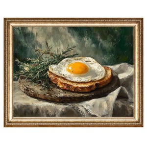 May include: A painting of a fried egg on toast, with a sprig of green herbs on a wooden cutting board. The background is a blurred green and brown.