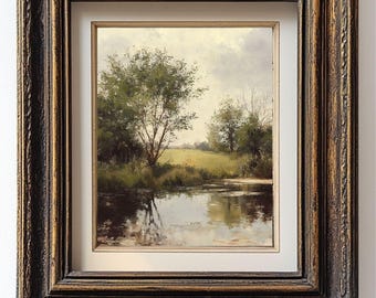 ヴィンテージ川風景油絵、コテージコア自然アート（デジタルプリント