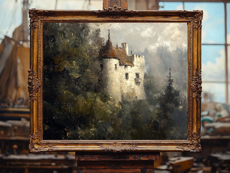 Op de afbeelding: Een ingelijst olieverfschilderij dat een wit kasteel toont dat is genesteld in een weelderig groen bos. Het kasteel heeft een bruin dak en is omgeven door bomen en mist. Het schilderij is geplaatst tegen een bewolkte lucht.