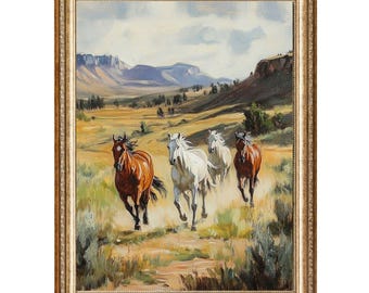 Paisaje de caballos corriendo, lámina decorativa vintage para pared, descarga digital instantánea.
