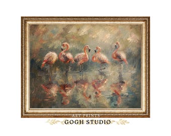 May include: An oil painting in a gold frame depicting five pink flamingos standing in shallow water. The scene features visible brushstrokes with muted green, brown, and tan tones. The text ART PRINTS GOGH STUDIO appears at the bottom.