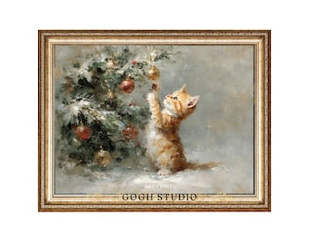 Vintage Christmas Kitten Oil Painting Art Print (Digital Download)