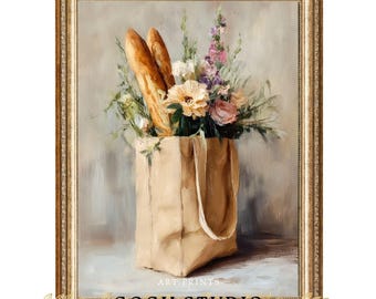 フランスのマーケットバッグ静物画：ヴィンテージ花柄油絵（デジタル