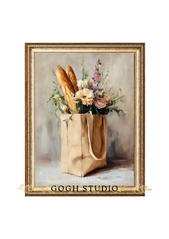 フランスのマーケットバッグ静物画：ヴィンテージ花柄油絵（デジタル