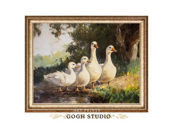 Vintage Ducks Oil Painting, Farmhouse Rustic Wall Art (Digital Print)