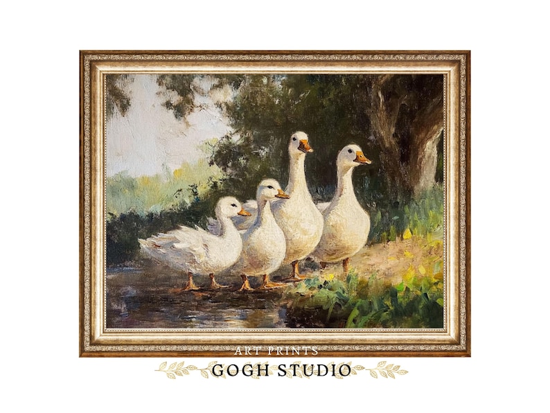 Vintage Ducks Oil Painting, Farmhouse Rustic Wall Art (Digital Print) image 1