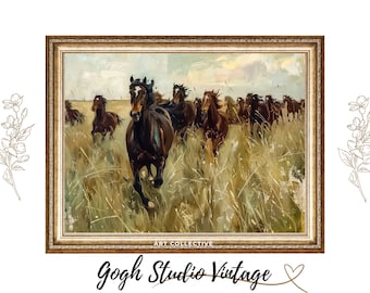 西洋の馬の絵画、馬の群れ、印刷可能な壁アート（デジタルダウンロード