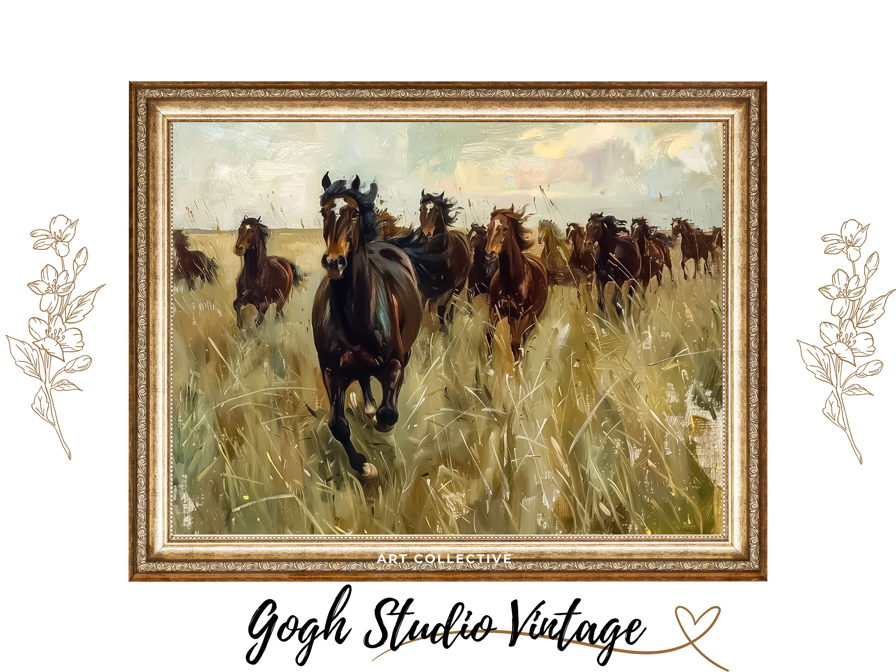 油彩画 馬の群れ 油絵馬の群れ 装飾フレーム付き 油絵 馬 絵画