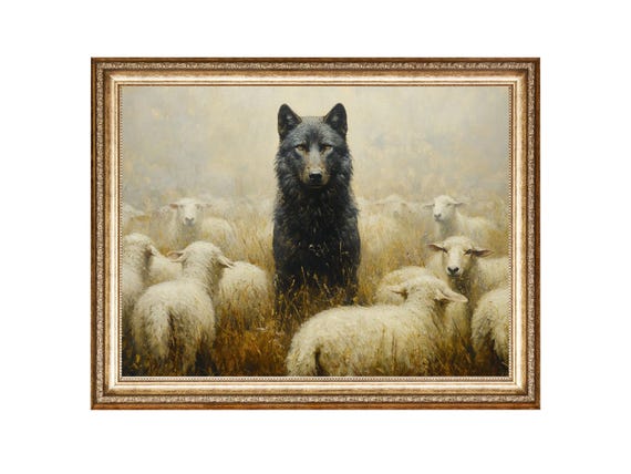 Black Wolf and Sheep Vintage Oil Painting Print (downloadable Art Black Wolf and Sheep Vintage Oil Painting Print (downloadable Art
