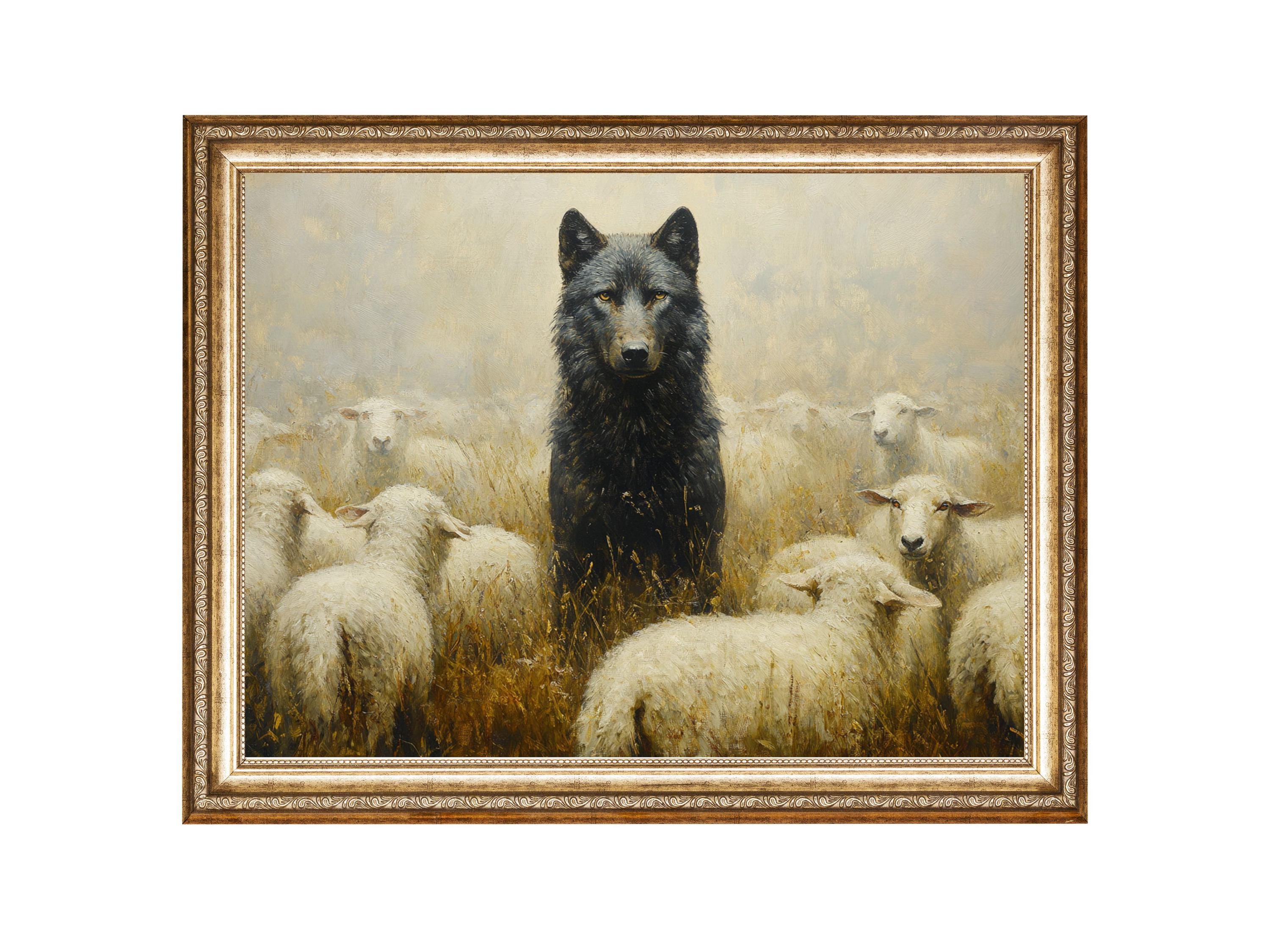 Buy Black Wolf and Sheep Vintage Oil Painting Print (downloadable