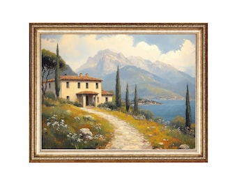 Vintage Lake Oil Painting Italian Villa Print (Digital Prints)