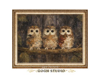 Printable Three Owls Vintage Oil Painting Woodland Wall Art (Digital Download)