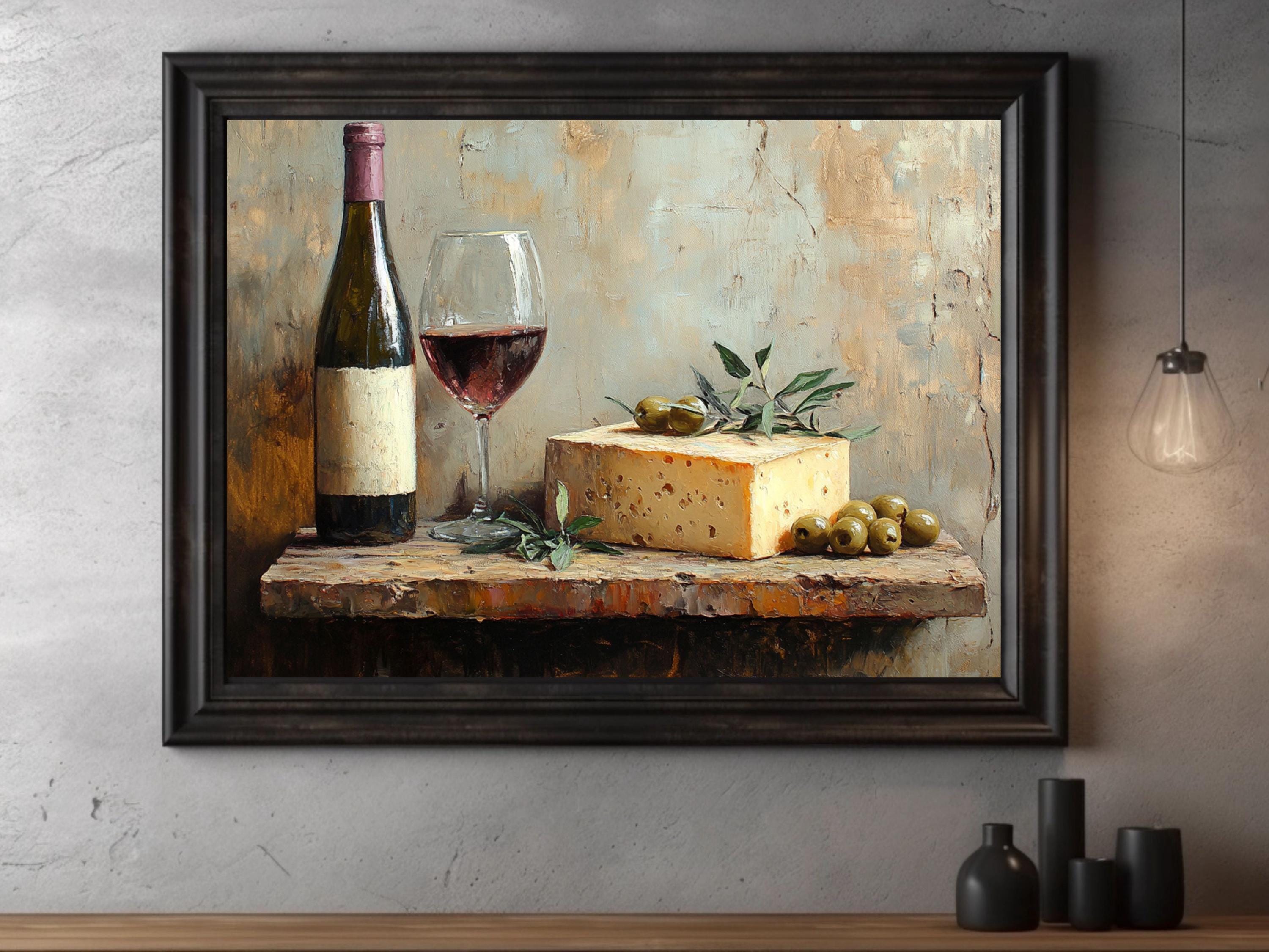 Wine Cheese and Olives Vintage Oil Painting, Rustic Kitchen Wall