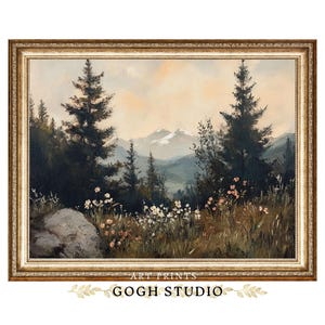 ヴィンテージ川風景油絵、コテージコア自然アート（デジタルプリント