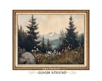 Vintage olieverfschilderij van berglandschap met wilde bloemen, Cottagecore-muurkunst (digitale prints)
