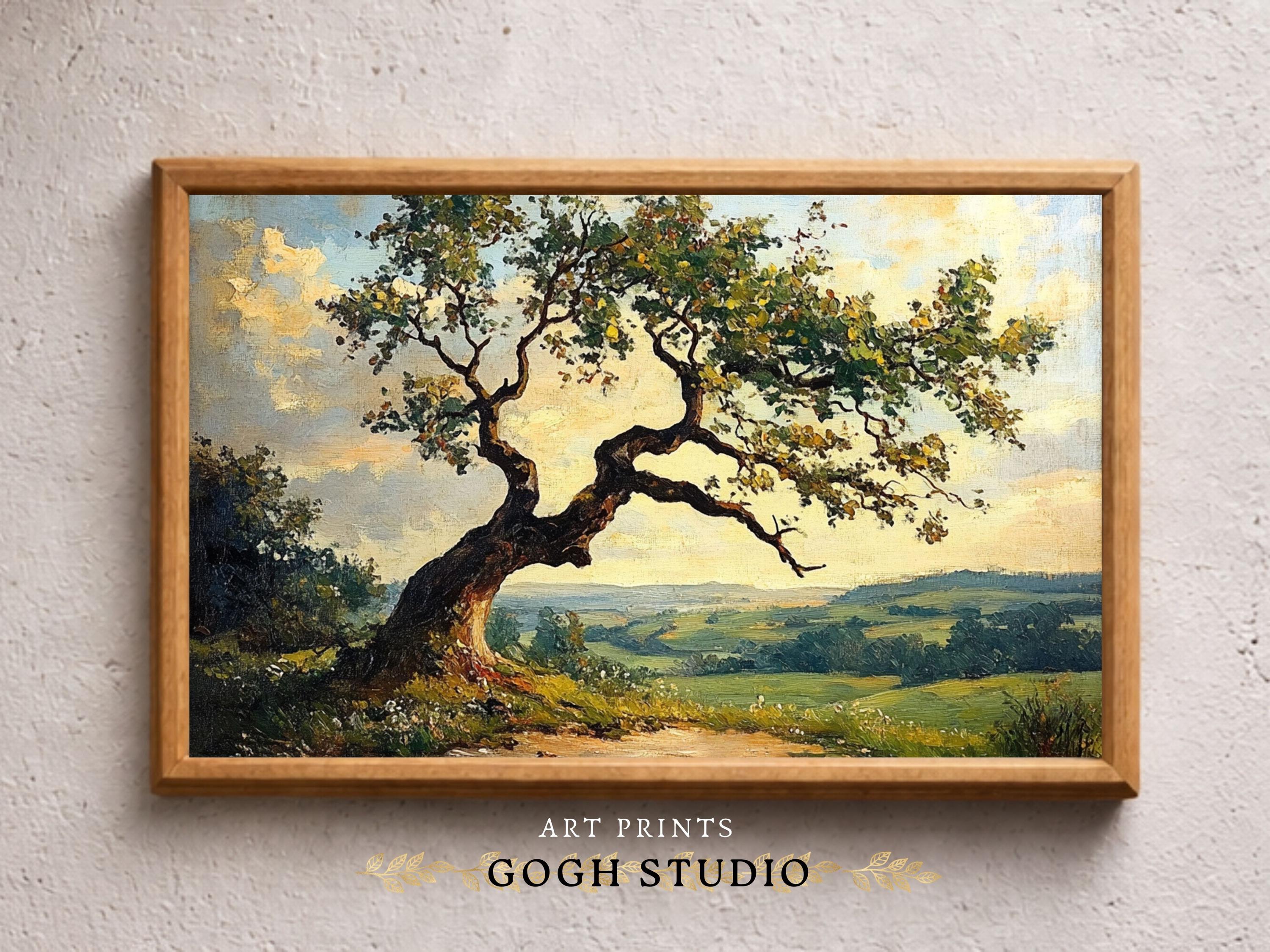 ヴィンテージの田舎の木々の油絵、コテージコアの風景画（デジタル