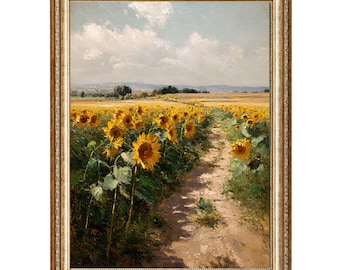 Vintage Sunflower Field Oil Painting, Cottagecore Art (Digital Products)