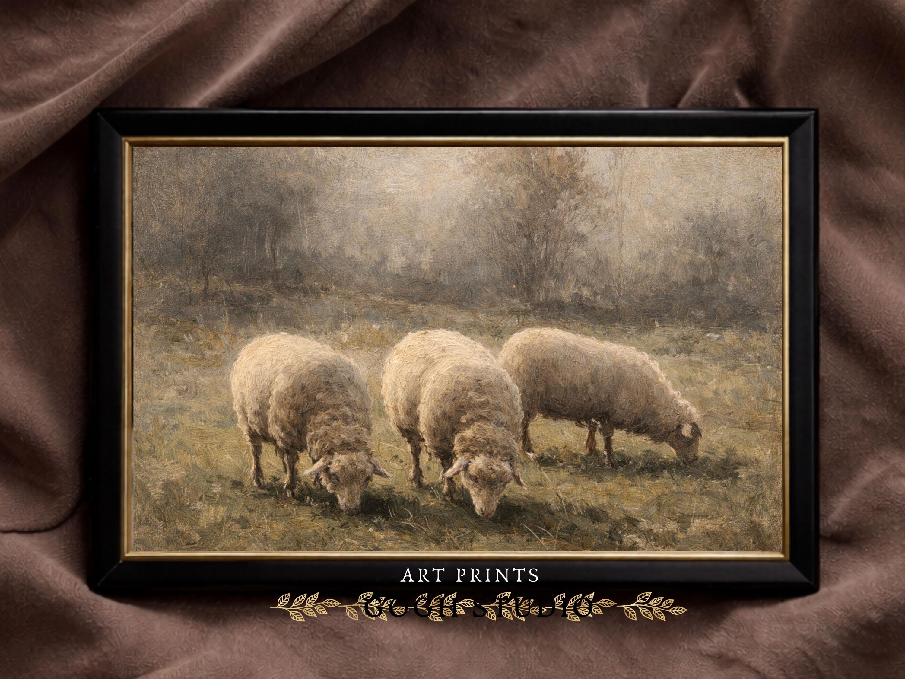 Printable Sheep Landscape Oil Painting Rustic Farmhouse Wall Art ...