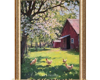 Farm Chickens Vintage Art Print, Rustic Barnyard Scene (Digital Download)