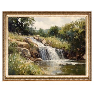 Waterfall Painting Mountain Stream Spring Nature Landscape Wall Art Rustic Oil Painting, Cottage Core Art VINTAGE Painting, DIGITAL PRINTS