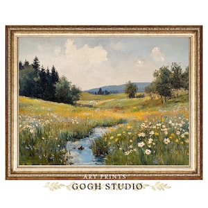 Vintage olieverfschilderij lenteweide, rustiek landschap (digitale print) afbeelding 1