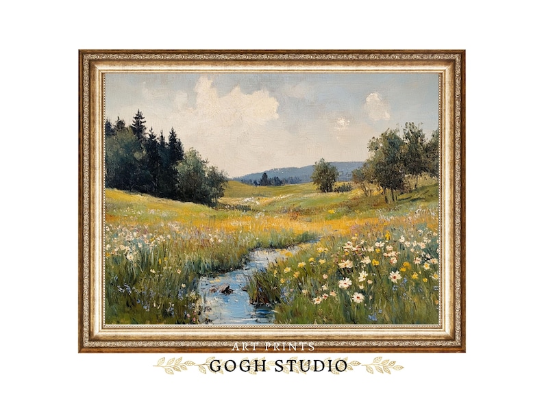 Vintage olieverfschilderij lenteweide, rustiek landschap (digitale print) afbeelding 1