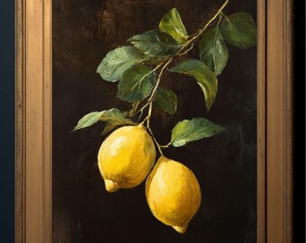 ヴィンテージレモンの静物画、素朴なフルーツの油絵（デジタル