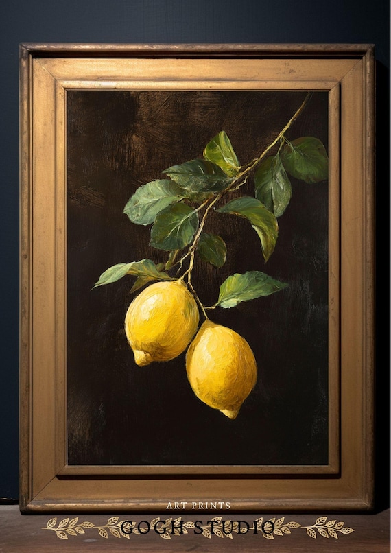 ヴィンテージレモンの静物画、素朴なフルーツの油絵（デジタル