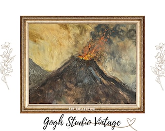 Pintura al óleo vintage de un volcán en erupción, lámina artística de montaña (descarga digital)
