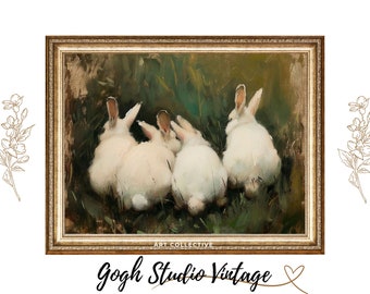 Vintage Rabbit Print Wall Art Farmhouse Decor, Bunnies Rabbit Print PRINTABLE Vintage Oil Painting WALL ART Print Digital Download