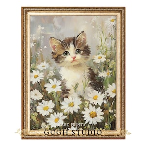 Kitten in Flowers Vintage Wall Art – Realism Animal Painting, Cute Cat with Daisies Artwork for Nursery or Cottage Home Decor
