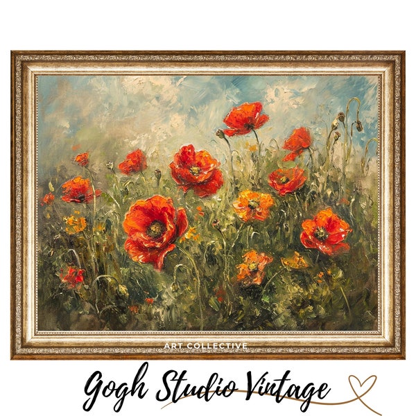 Flower Field Coquelicots Wall Art, Peinture de coquelicots rouges, IMPRIMABLE Grande peinture à l’huile, WALL ART Téléchargement numérique, impressions téléchargeables vintage