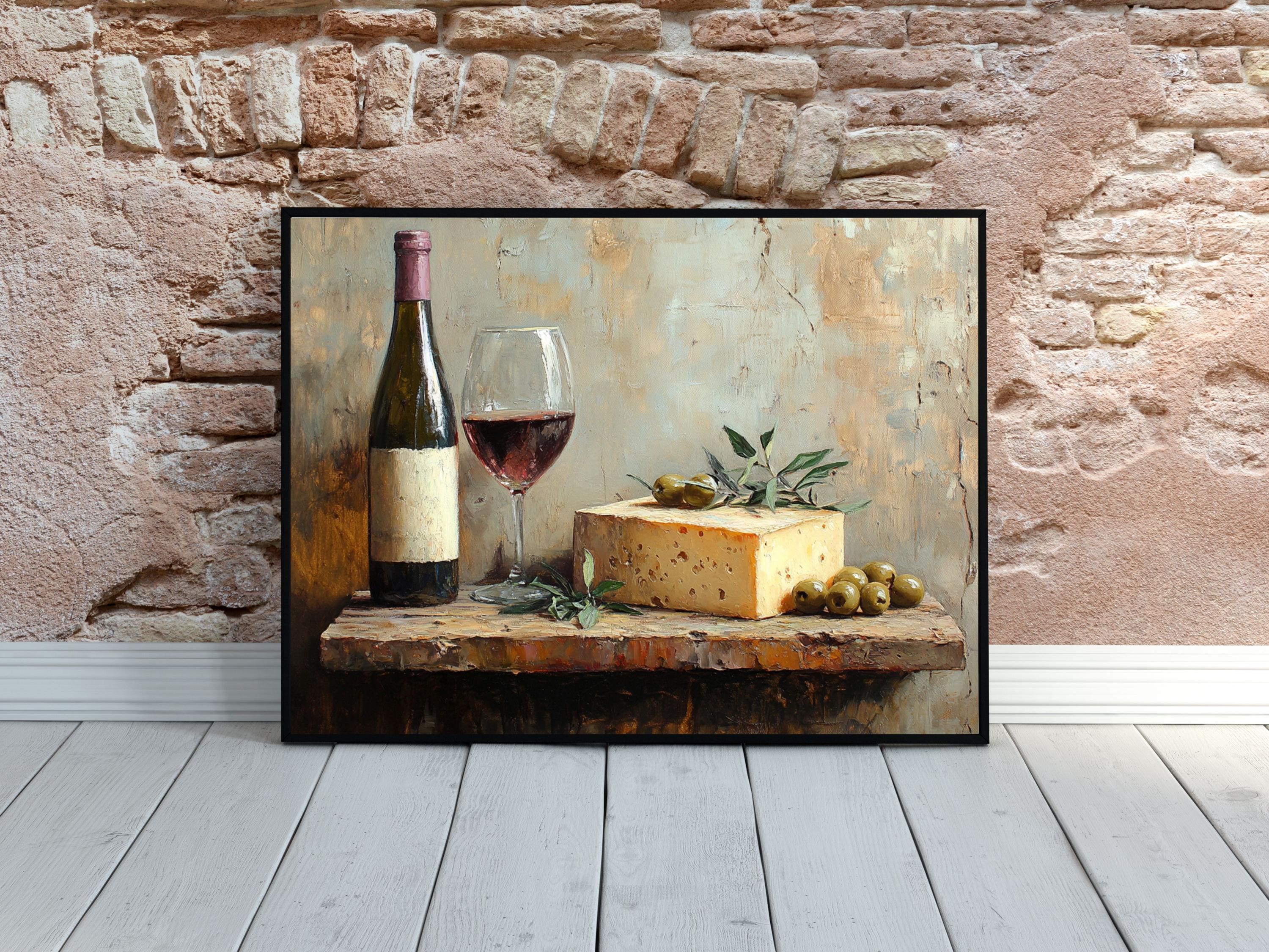 Wine Cheese and Olives Vintage Oil Painting, Rustic Kitchen Wall