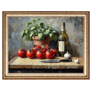 Pode incluir: Uma pintura de natureza morta de uma imagem emoldurada de uma mesa com uma garrafa de vinho, um cacho de tomates vermelhos, uma faca e um vaso de manjeric&atilde;o.
